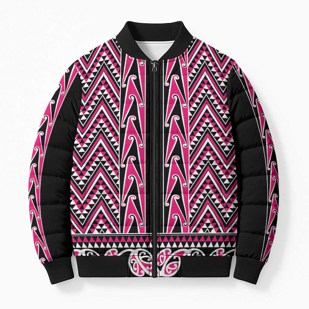 New Zealand Maori Niho Taniwha Bomber Puffer Jacket Mawhero Mangopare and Puhoro Pattern LT9 Unisex Pink - Polynesian Pride