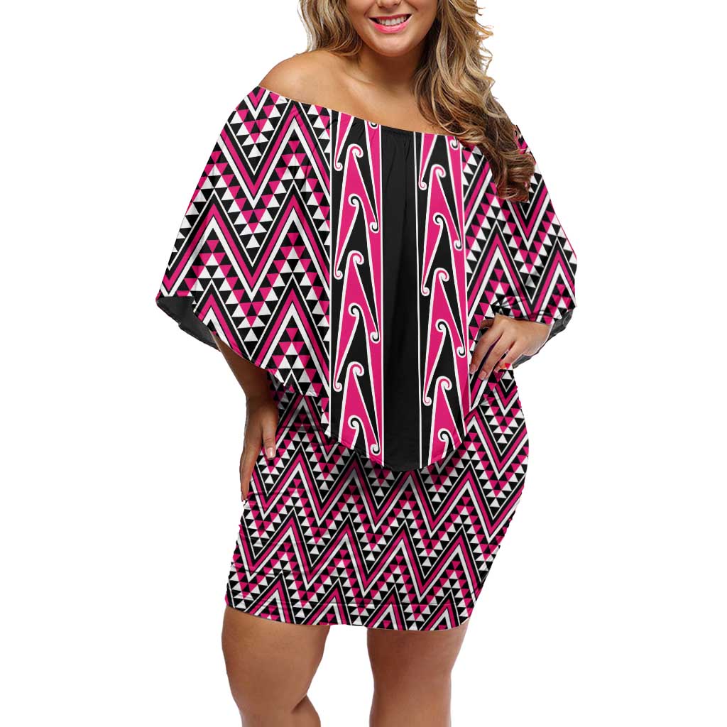 New Zealand Maori Niho Taniwha Off Shoulder Short Dress Mawhero Mangopare and Puhoro Pattern LT9 Women Pink - Polynesian Pride