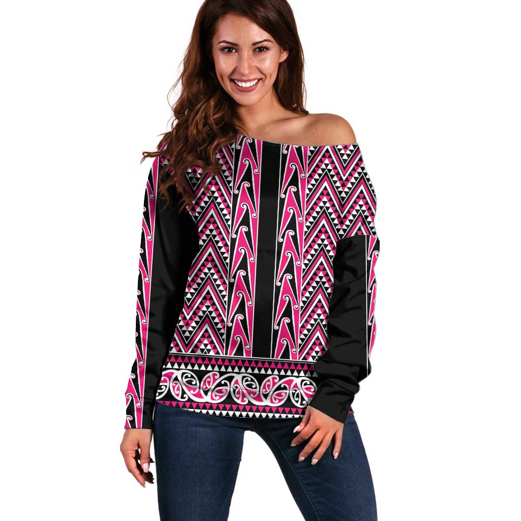 New Zealand Maori Niho Taniwha Off Shoulder Sweater Mawhero Mangopare and Puhoro Pattern LT9 Women Pink - Polynesian Pride