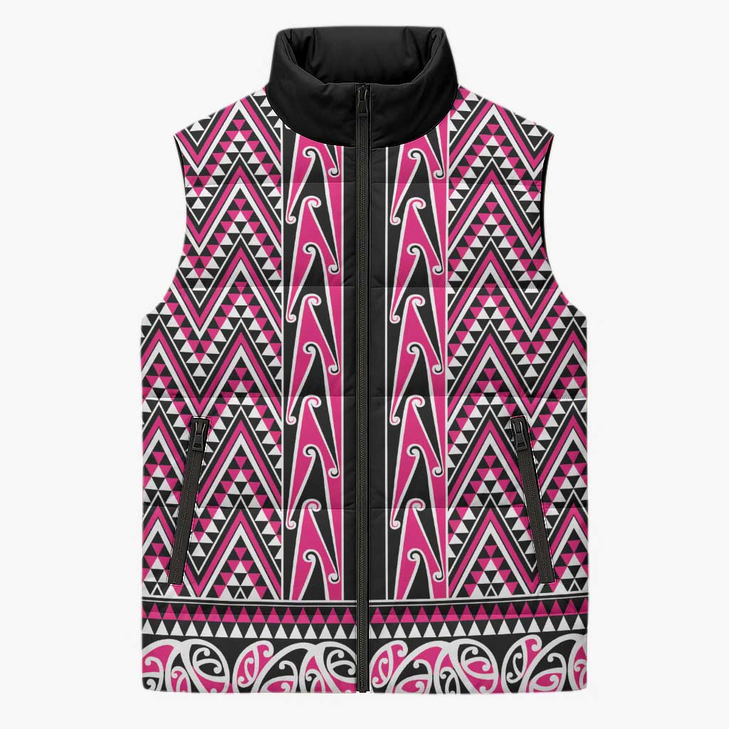 New Zealand Maori Niho Taniwha Sleeveless Puffer Jacket Mawhero Mangopare and Puhoro Pattern LT9 Unisex Pink - Polynesian Pride