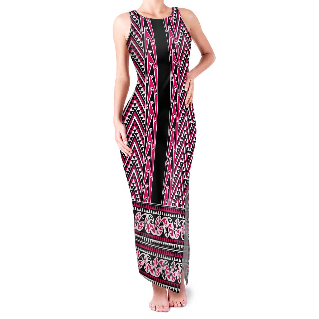 New Zealand Maori Niho Taniwha Tank Maxi Dress Mawhero Mangopare and Puhoro Pattern LT9 Women Pink - Polynesian Pride