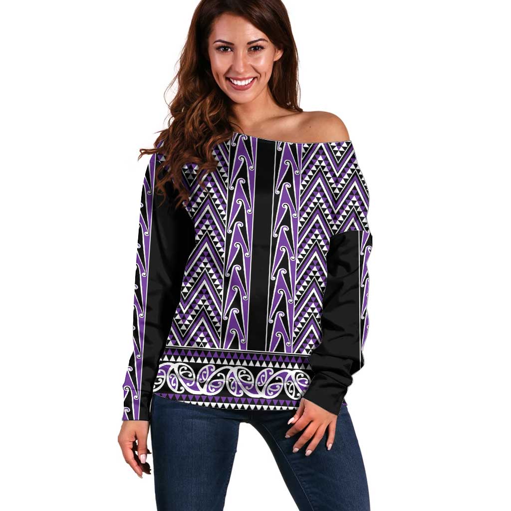 New Zealand Maori Niho Taniwha Off Shoulder Sweater Waiporopo Mangopare and Puhoro Pattern LT9 Women Purple - Polynesian Pride