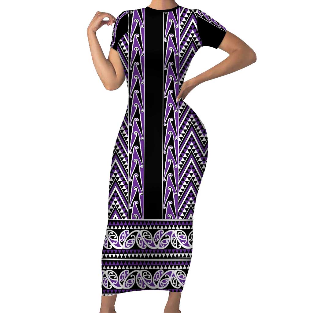 New Zealand Maori Niho Taniwha Short Sleeve Bodycon Dress Waiporopo Mangopare and Puhoro Pattern LT9 Long Dress Purple - Polynesian Pride