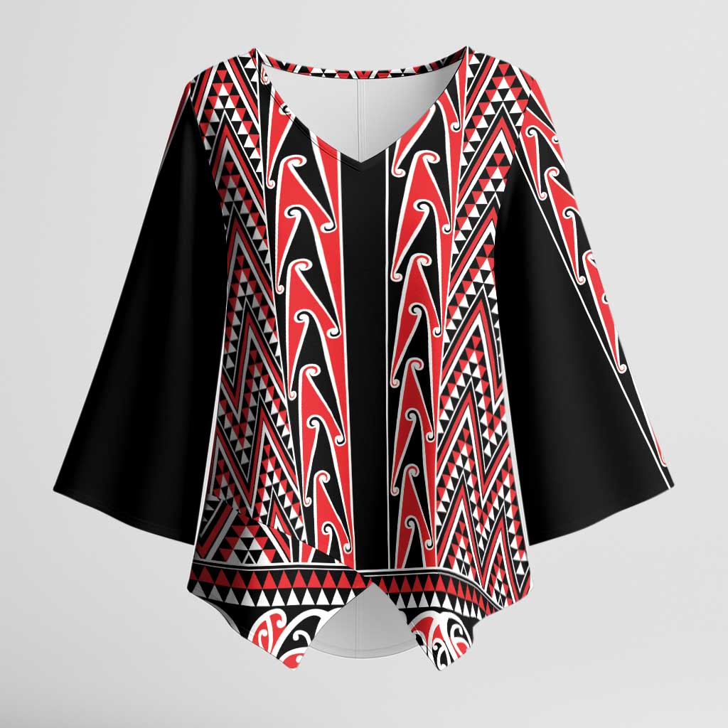 New Zealand Maori Niho Taniwha Kimono Sleeve Blouse Whero Mangopare and Puhoro Pattern LT9 Female Red - Polynesian Pride