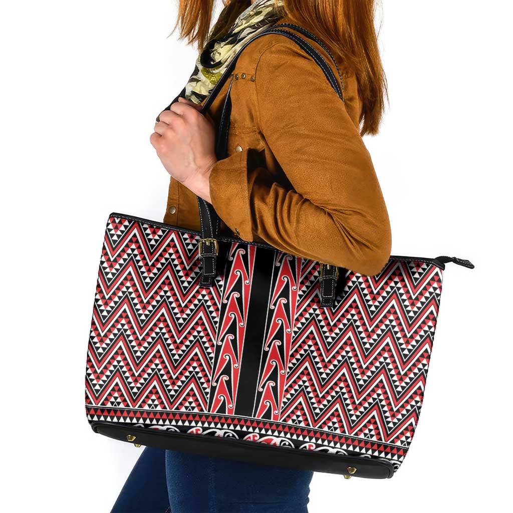 New Zealand Maori Niho Taniwha Leather Tote Bag Whero Mangopare and Puhoro Pattern LT9 Red - Polynesian Pride
