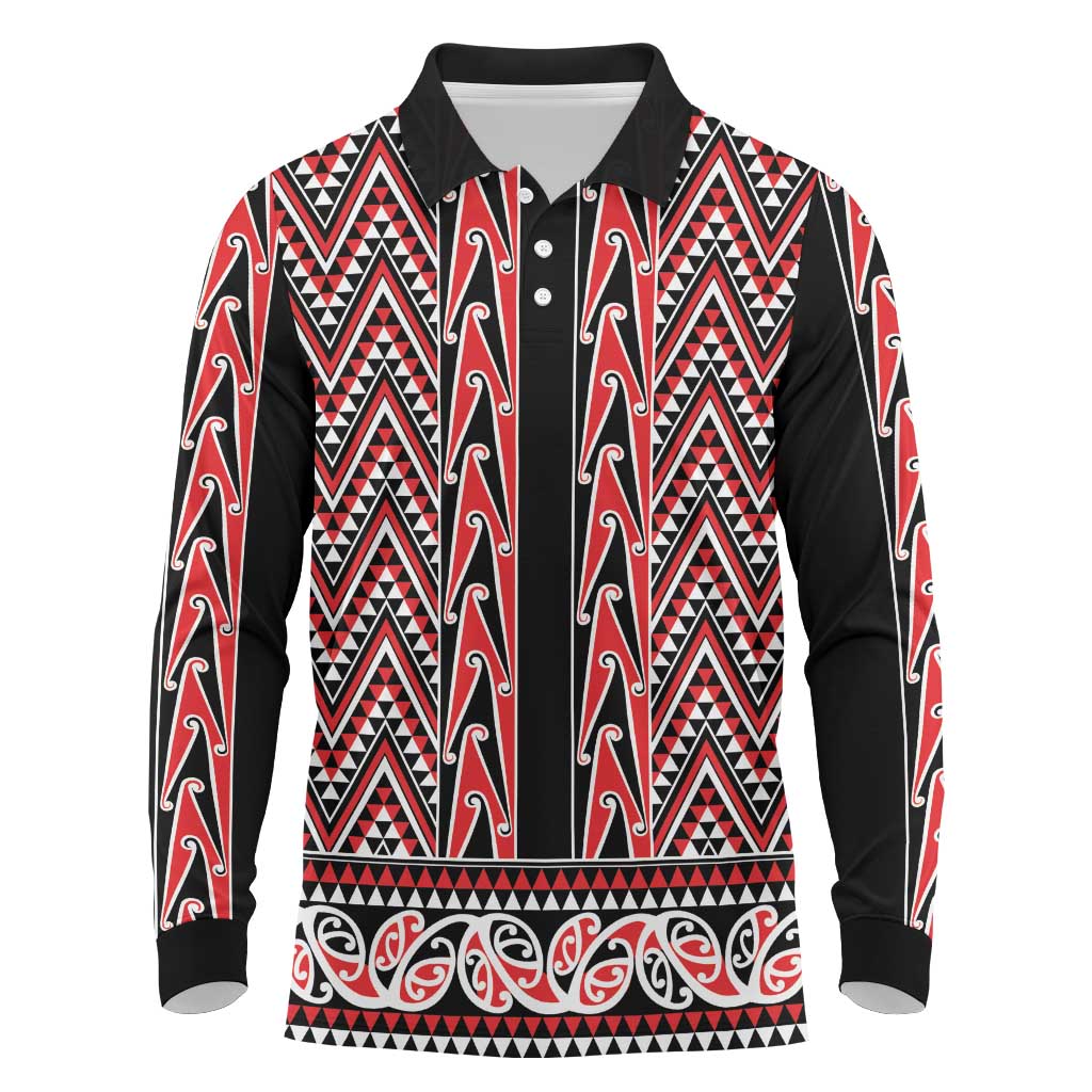 New Zealand Maori Niho Taniwha Long Sleeve Polo Shirt Whero Mangopare and Puhoro Pattern LT9 Red - Polynesian Pride