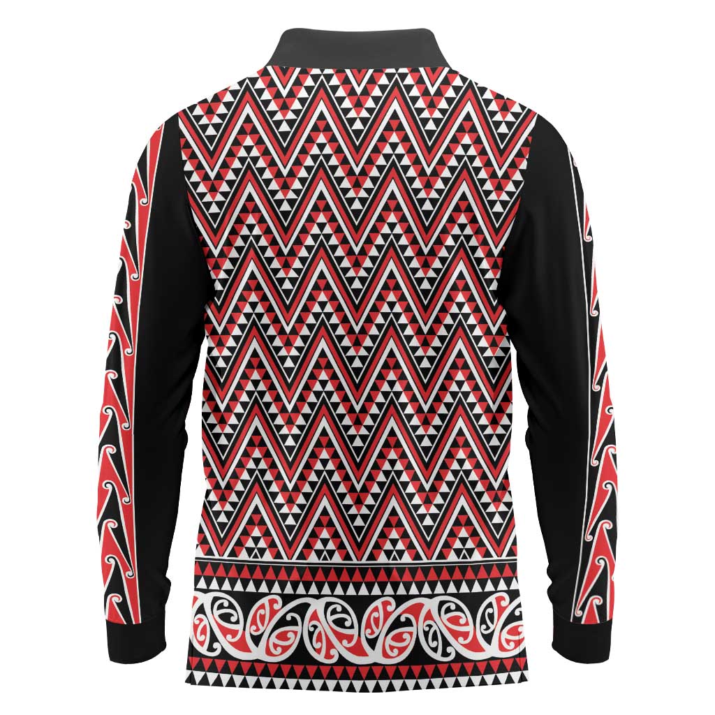 New Zealand Maori Niho Taniwha Long Sleeve Polo Shirt Whero Mangopare and Puhoro Pattern LT9 - Polynesian Pride