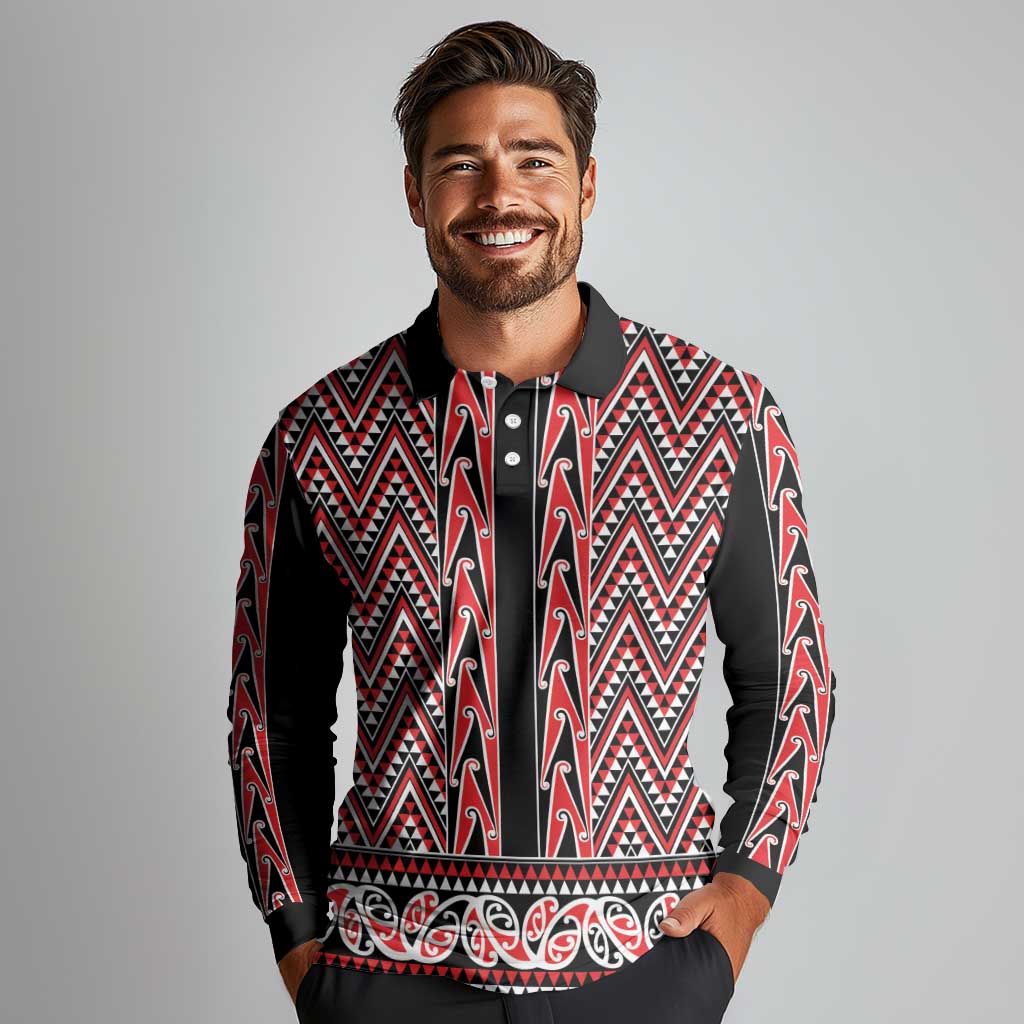 New Zealand Maori Niho Taniwha Long Sleeve Polo Shirt Whero Mangopare and Puhoro Pattern LT9 - Polynesian Pride