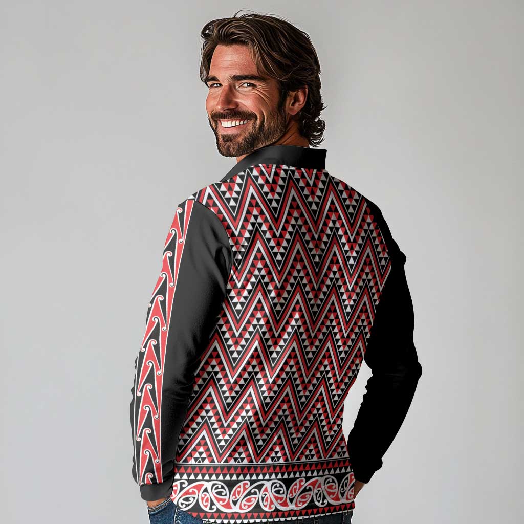 New Zealand Maori Niho Taniwha Long Sleeve Polo Shirt Whero Mangopare and Puhoro Pattern LT9 - Polynesian Pride