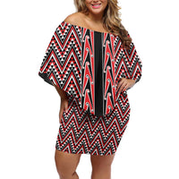 New Zealand Maori Niho Taniwha Off Shoulder Short Dress Whero Mangopare and Puhoro Pattern LT9 Women Red - Polynesian Pride