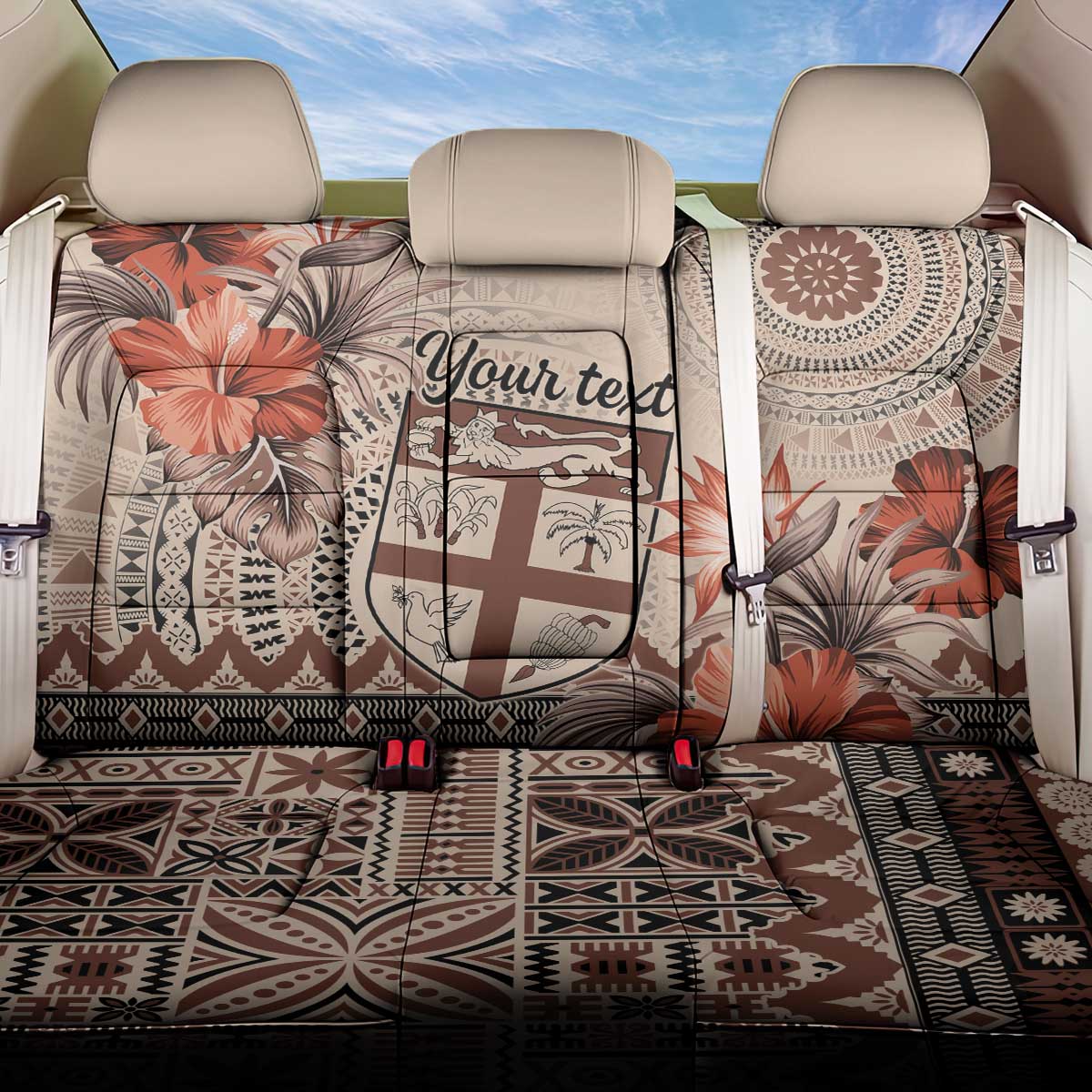 Vintage Bula Fiji Personalised Back Car Seat Cover Beige Hibiscus Tapa Pattern LT9 One Size Beige - Polynesian Pride