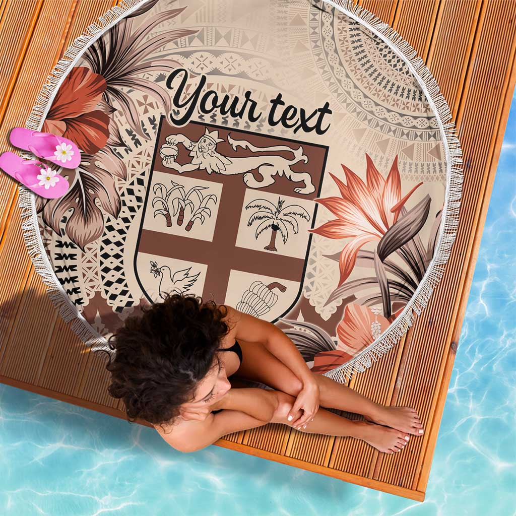 Vintage Bula Fiji Personalised Beach Blanket Beige Hibiscus Tapa Pattern LT9 - Polynesian Pride