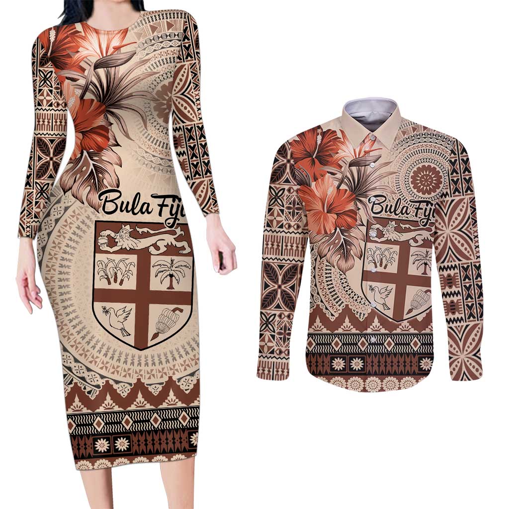 Vintage Bula Fiji Personalised Couples Matching Long Sleeve Bodycon Dress and Long Sleeve Button Shirt Beige Hibiscus Tapa Pattern