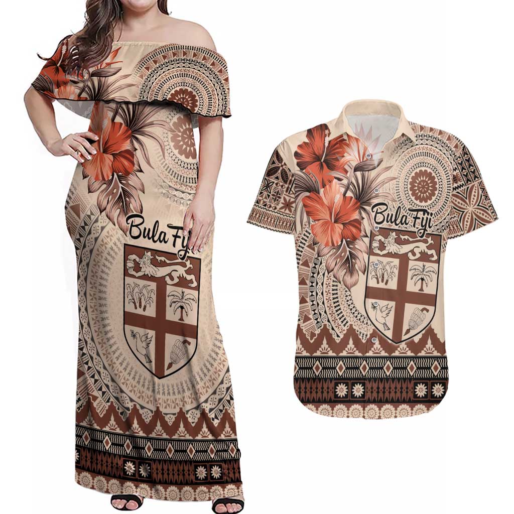 Vintage Bula Fiji Personalised Couples Matching Off Shoulder Maxi Dress and Hawaiian Shirt Beige Hibiscus Tapa Pattern