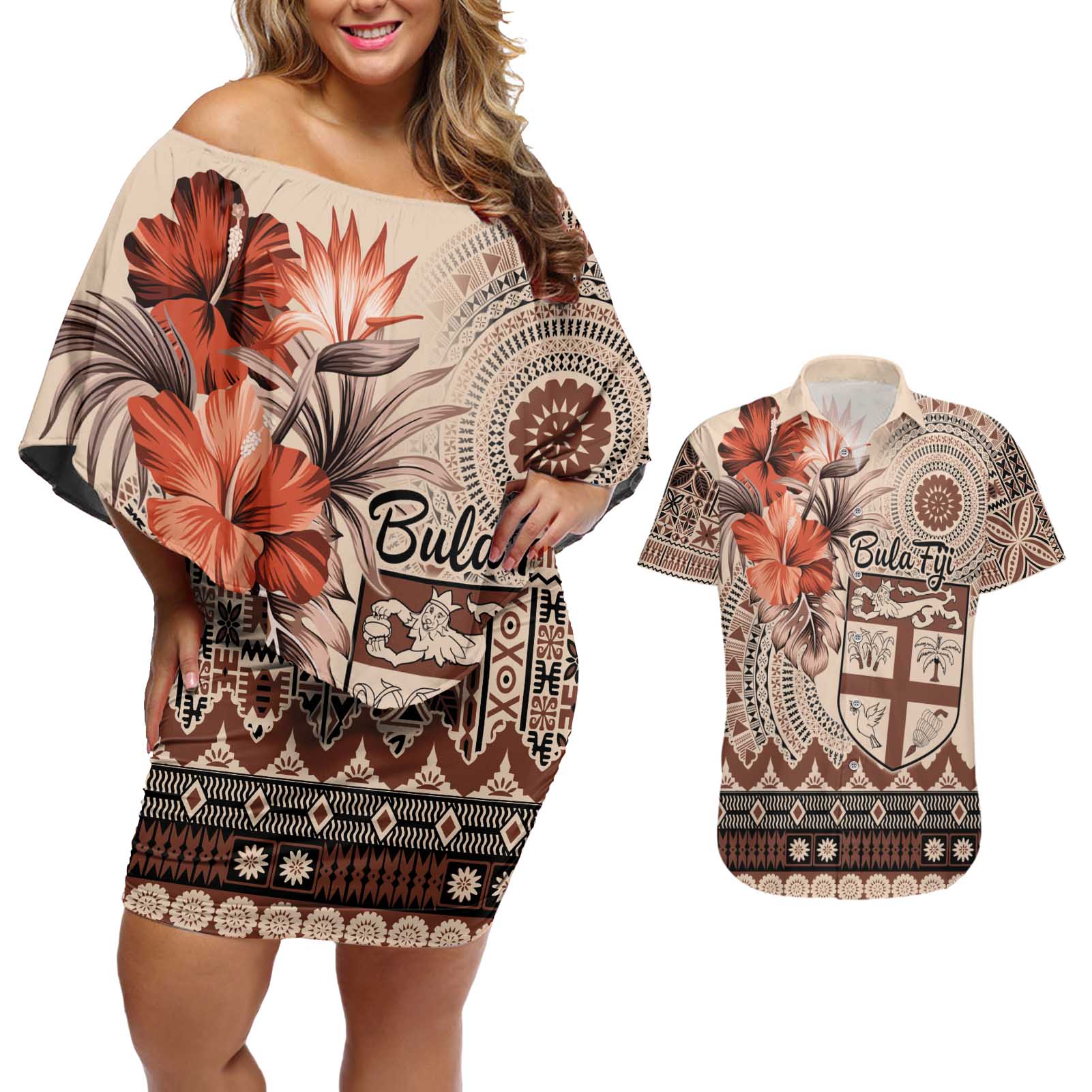 Vintage Bula Fiji Personalised Couples Matching Off Shoulder Short Dress and Hawaiian Shirt Beige Hibiscus Tapa Pattern