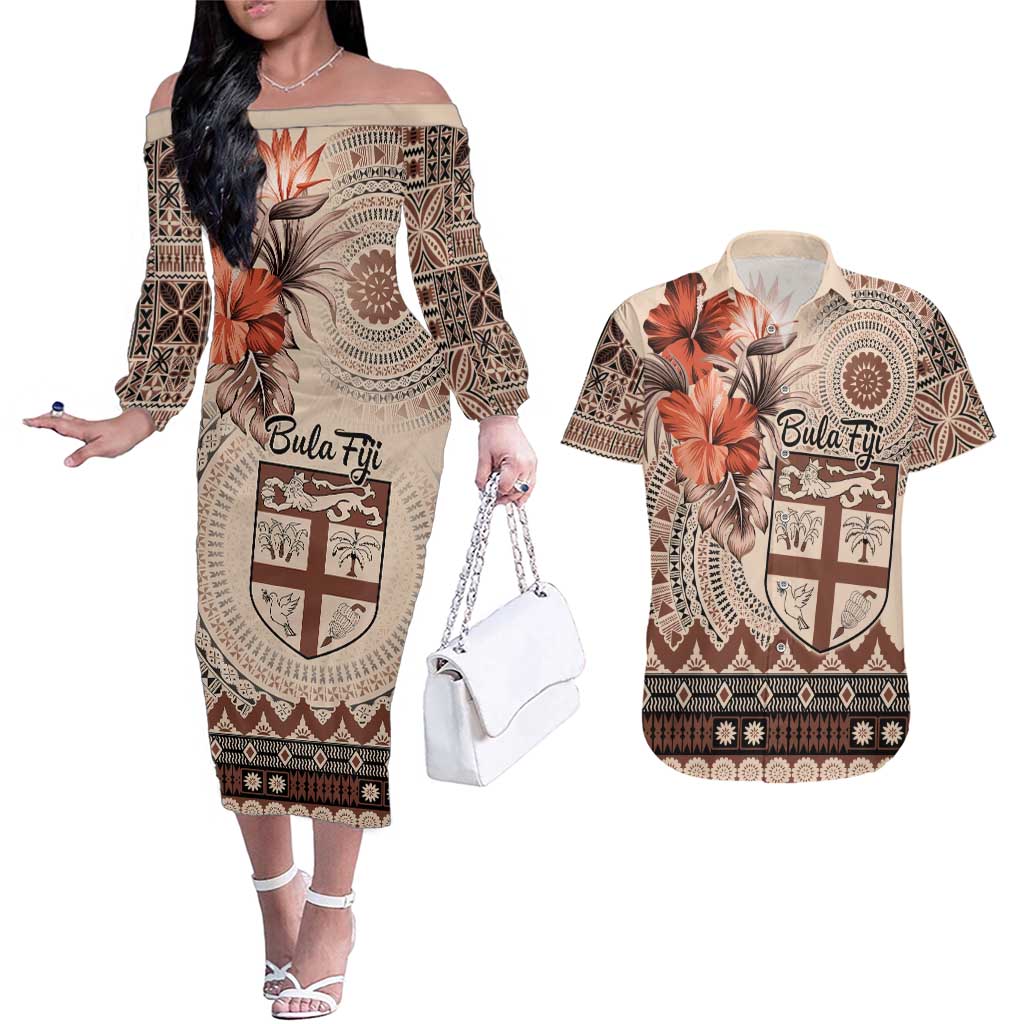 Vintage Bula Fiji Personalised Couples Matching Off The Shoulder Long Sleeve Dress and Hawaiian Shirt Beige Hibiscus Tapa Pattern