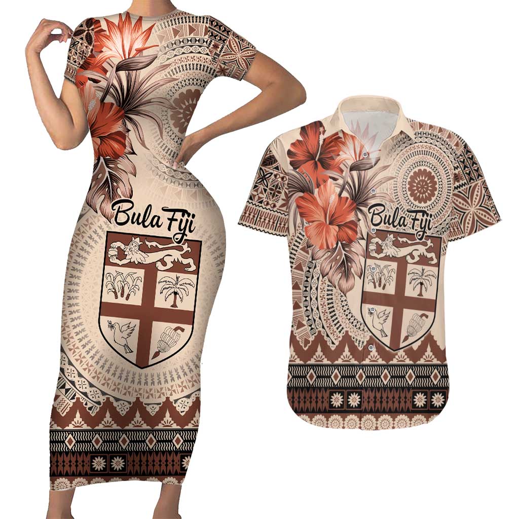 Vintage Bula Fiji Personalised Couples Matching Short Sleeve Bodycon Dress and Hawaiian Shirt Beige Hibiscus Tapa Pattern