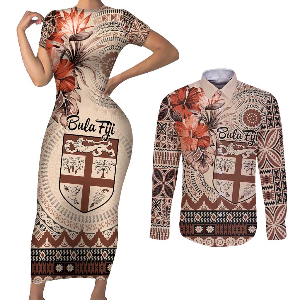 Vintage Bula Fiji Personalised Couples Matching Short Sleeve Bodycon Dress and Long Sleeve Button Shirt Beige Hibiscus Tapa Pattern