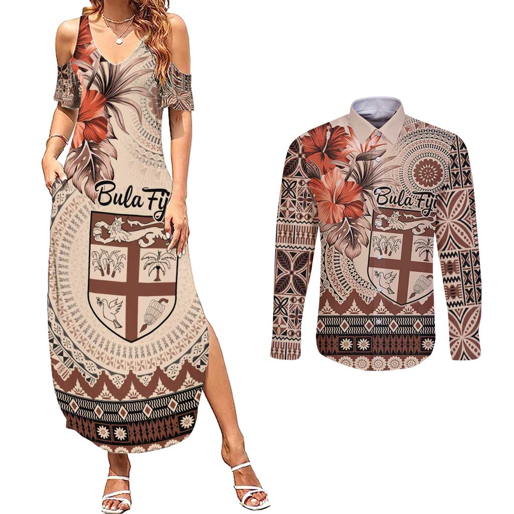 Vintage Bula Fiji Personalised Couples Matching Summer Maxi Dress and Long Sleeve Button Shirt Beige Hibiscus Tapa Pattern