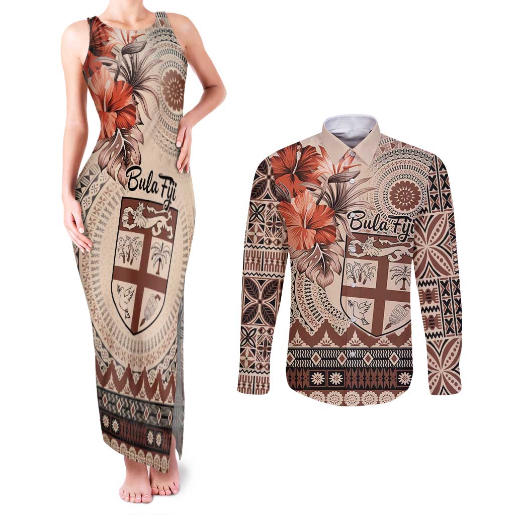 Vintage Bula Fiji Personalised Couples Matching Tank Maxi Dress and Long Sleeve Button Shirt Beige Hibiscus Tapa Pattern