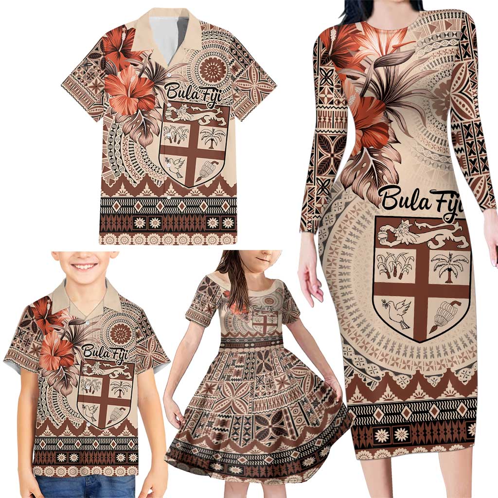 Vintage Bula Fiji Personalised Family Matching Long Sleeve Bodycon Dress and Hawaiian Shirt Beige Hibiscus Tapa Pattern