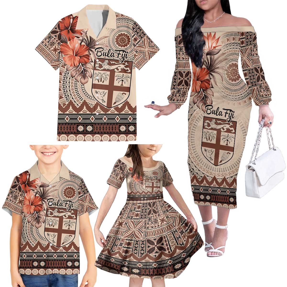 Vintage Bula Fiji Personalised Family Matching Off The Shoulder Long Sleeve Dress and Hawaiian Shirt Beige Hibiscus Tapa Pattern