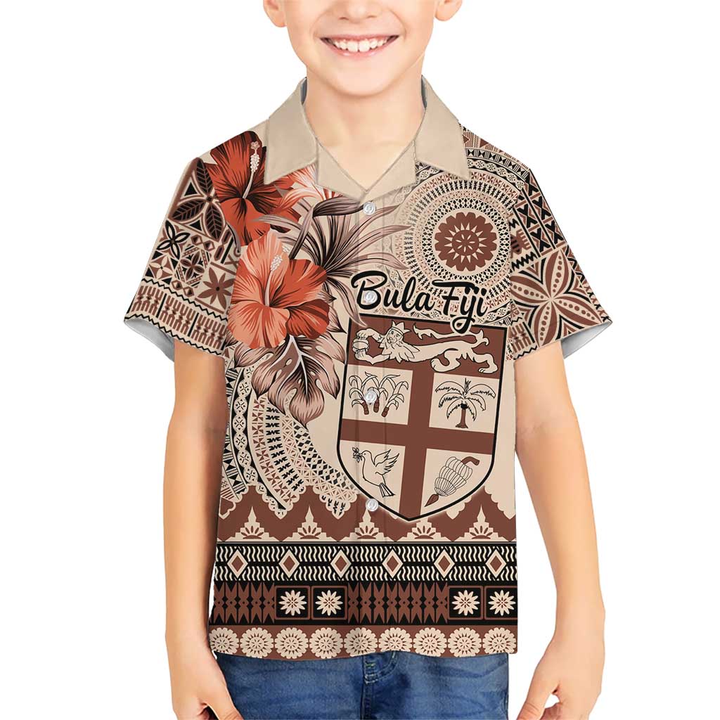 Vintage Bula Fiji Personalised Kid Hawaiian Shirt Beige Hibiscus Tapa Pattern LT9 Kid Beige - Polynesian Pride
