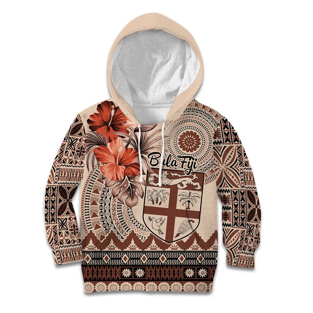 Vintage Bula Fiji Personalised Kid Hoodie Beige Hibiscus Tapa Pattern LT9 Hoodie Beige - Polynesian Pride