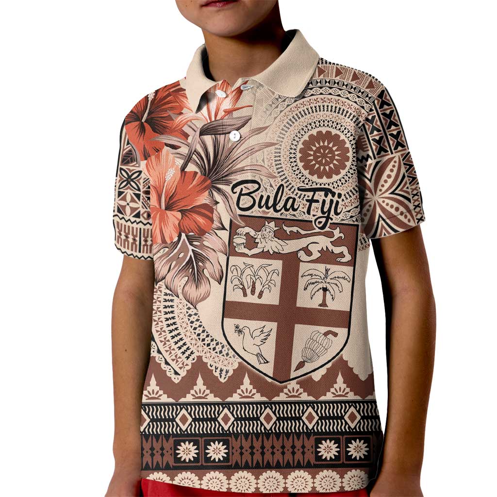 Vintage Bula Fiji Personalised Kid Polo Shirt Beige Hibiscus Tapa Pattern LT9 Kid Beige - Polynesian Pride