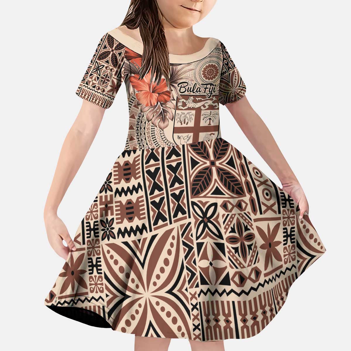 Vintage Bula Fiji Personalised Kid Short Sleeve Dress Beige Hibiscus Tapa Pattern LT9 KID Beige - Polynesian Pride
