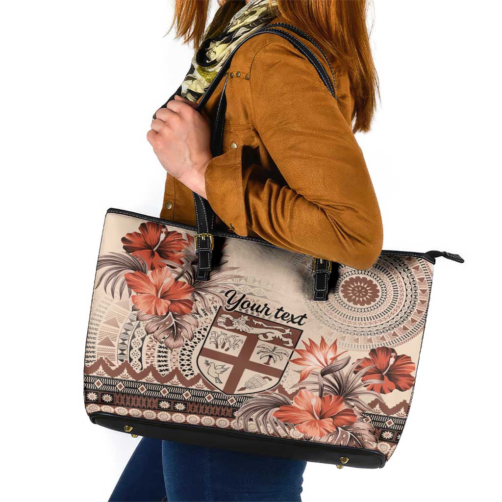 Vintage Bula Fiji Personalised Leather Tote Bag Beige Hibiscus Tapa Pattern LT9 Beige - Polynesian Pride