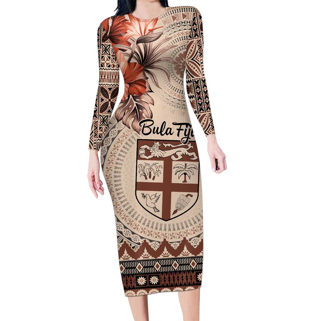 Vintage Bula Fiji Personalised Long Sleeve Bodycon Dress Beige Hibiscus Tapa Pattern LT9 Long Dress Beige - Polynesian Pride