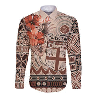 Vintage Bula Fiji Personalised Long Sleeve Button Shirt Beige Hibiscus Tapa Pattern LT9 Unisex Beige - Polynesian Pride