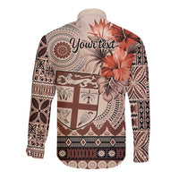 Vintage Bula Fiji Personalised Long Sleeve Button Shirt Beige Hibiscus Tapa Pattern LT9 - Polynesian Pride