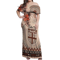 Vintage Bula Fiji Personalised Off Shoulder Maxi Dress Beige Hibiscus Tapa Pattern LT9 Women Beige - Polynesian Pride