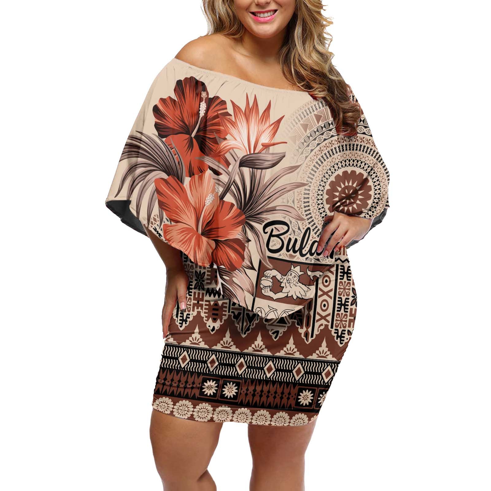 Vintage Bula Fiji Personalised Off Shoulder Short Dress Beige Hibiscus Tapa Pattern LT9 Women Beige - Polynesian Pride