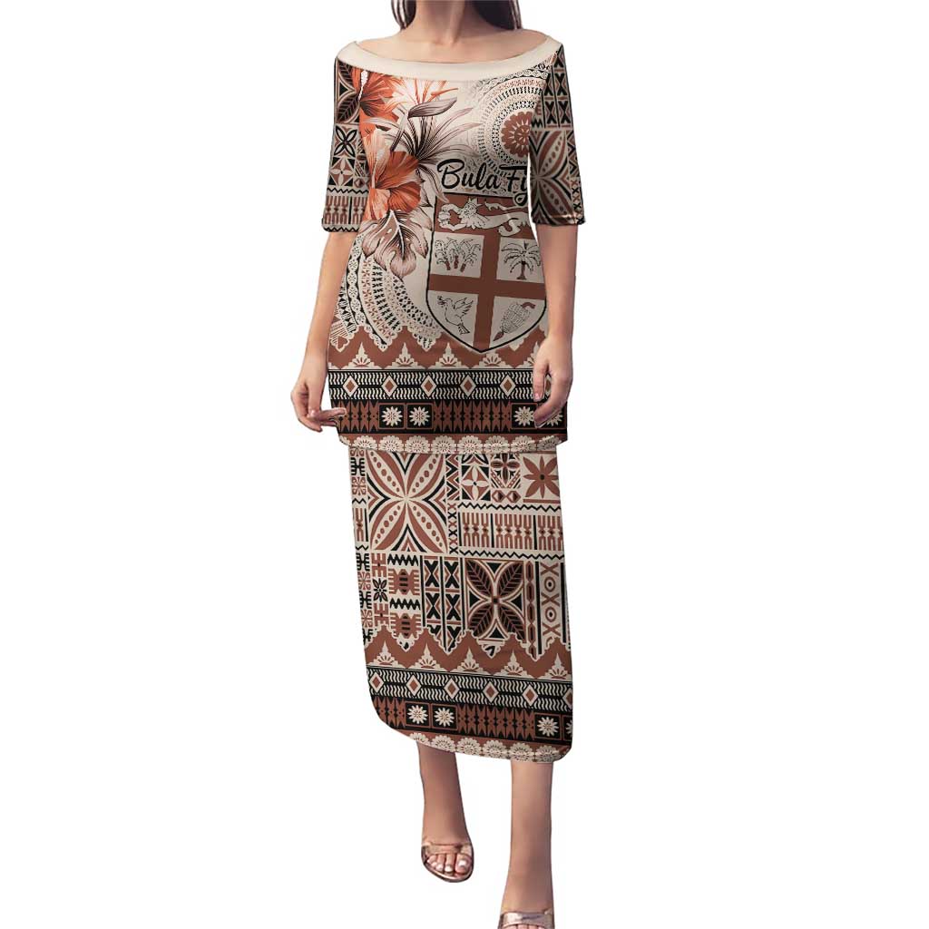 Vintage Bula Fiji Personalised Puletasi Beige Hibiscus Tapa Pattern LT9 Long Dress Beige - Polynesian Pride