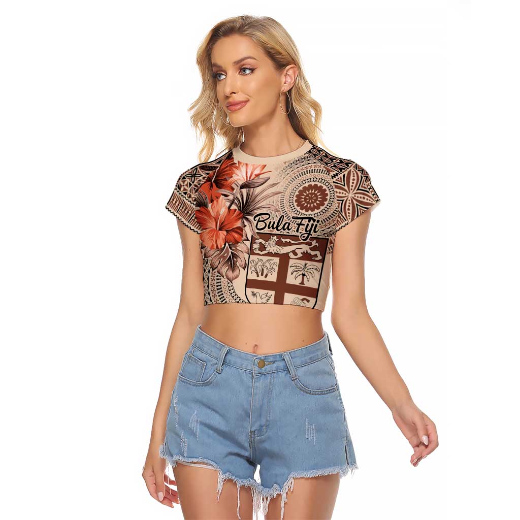 Vintage Bula Fiji Personalised Raglan Cropped T Shirt Beige Hibiscus Tapa Pattern LT9 Female Beige - Polynesian Pride