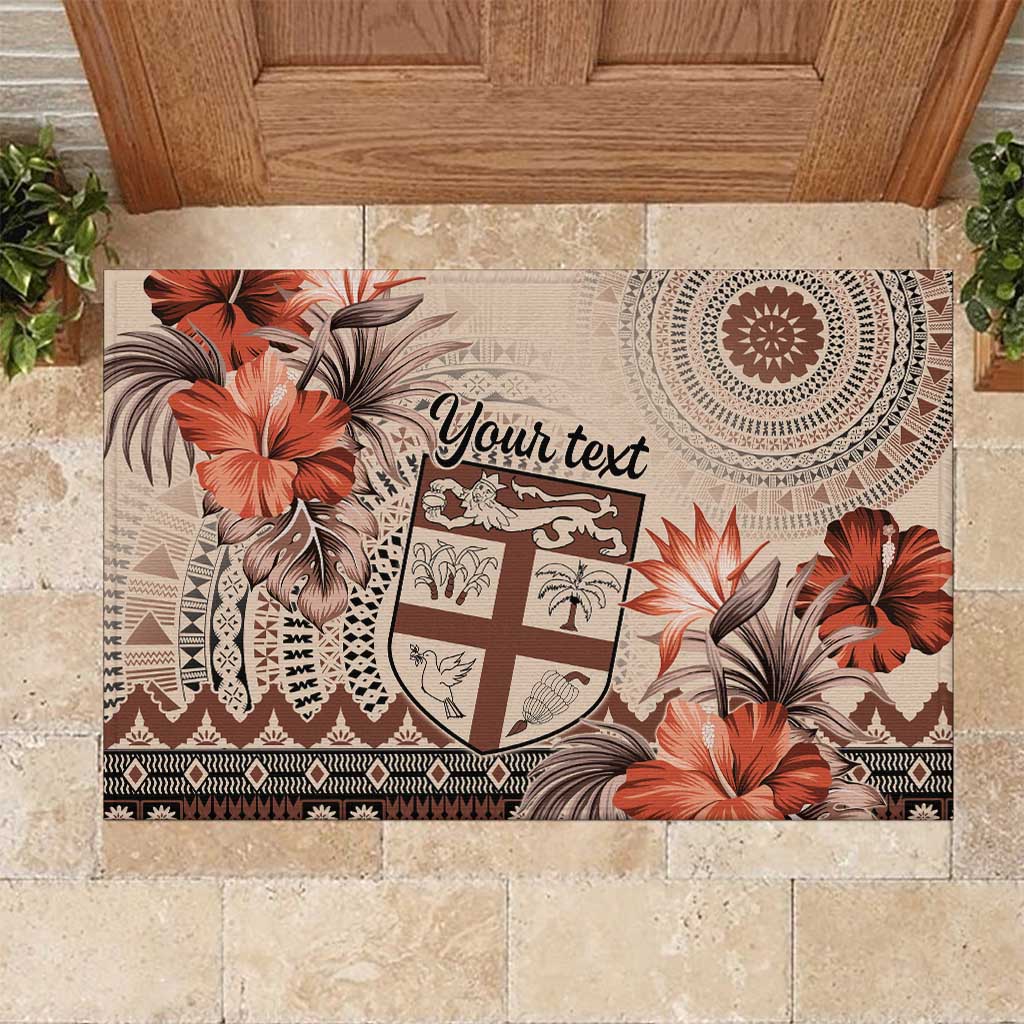 Vintage Bula Fiji Personalised Rubber Doormat Beige Hibiscus Tapa Pattern LT9 Beige - Polynesian Pride