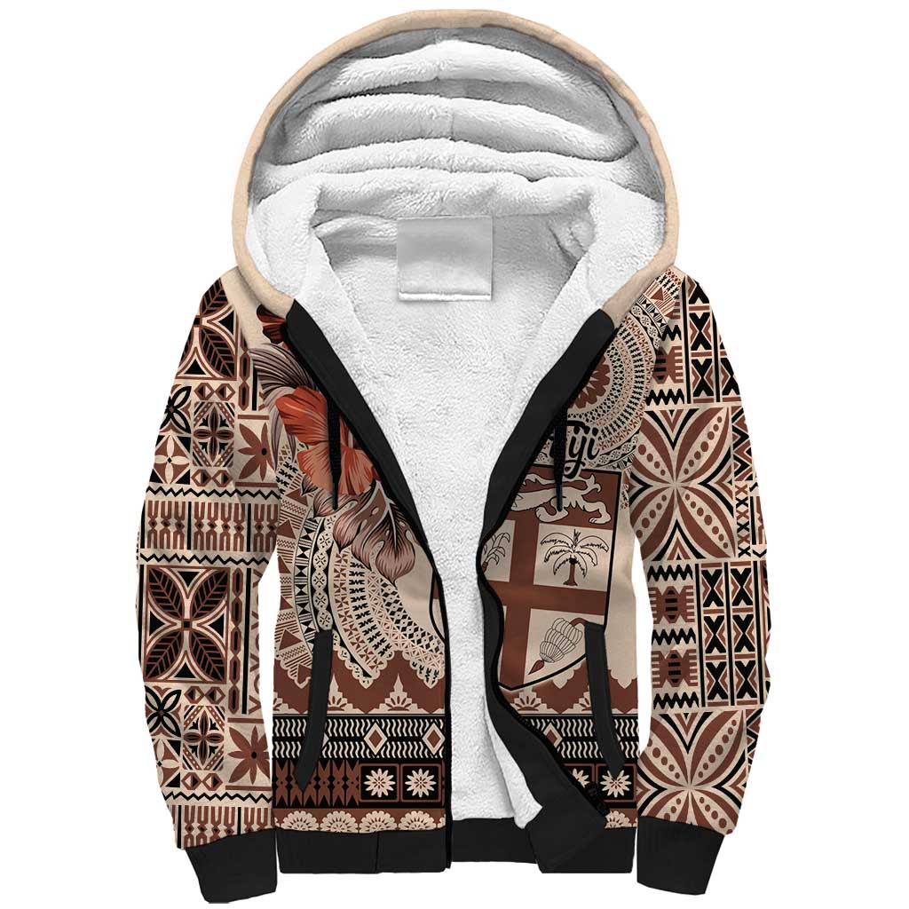 Vintage Bula Fiji Personalised Sherpa Hoodie Beige Hibiscus Tapa Pattern LT9 Unisex Beige - Polynesian Pride