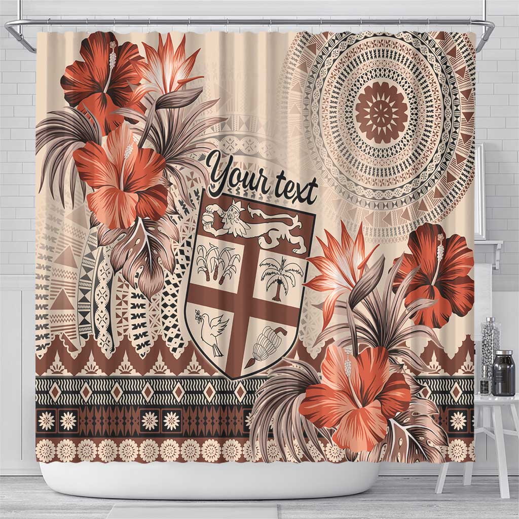 Vintage Bula Fiji Personalised Shower Curtain Beige Hibiscus Tapa Pattern LT9 - Polynesian Pride