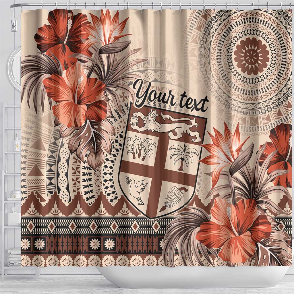 Vintage Bula Fiji Personalised Shower Curtain Beige Hibiscus Tapa Pattern LT9 - Polynesian Pride