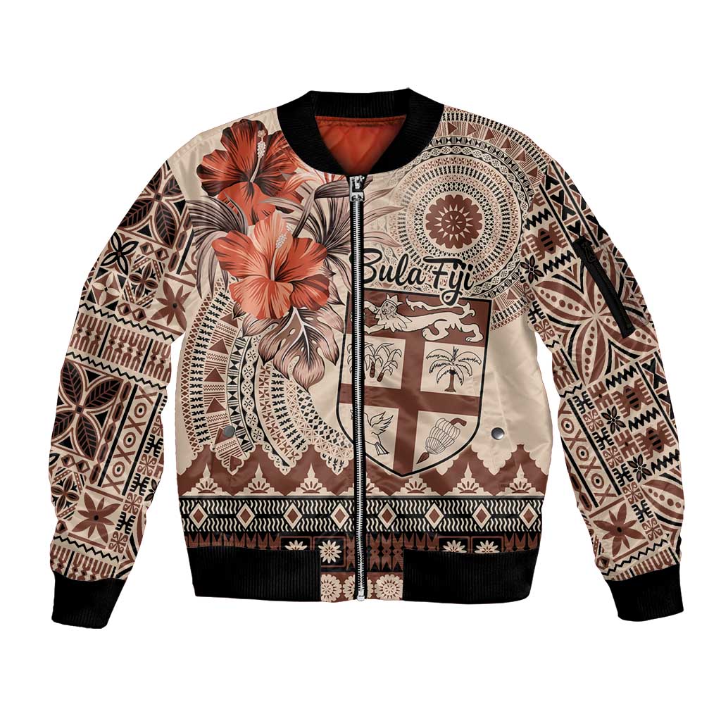 Vintage Bula Fiji Personalised Sleeve Zip Bomber Jacket Beige Hibiscus Tapa Pattern LT9 Unisex Beige - Polynesian Pride