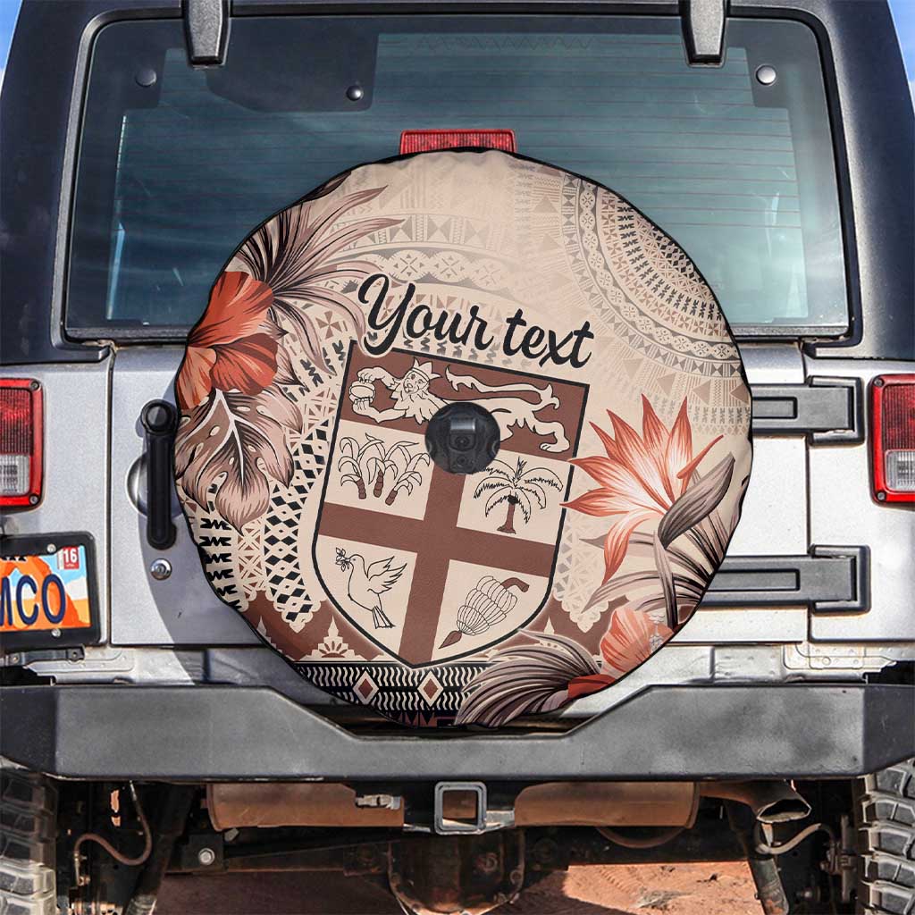 Vintage Bula Fiji Personalised Spare Tire Cover Beige Hibiscus Tapa Pattern LT9 Beige - Polynesian Pride
