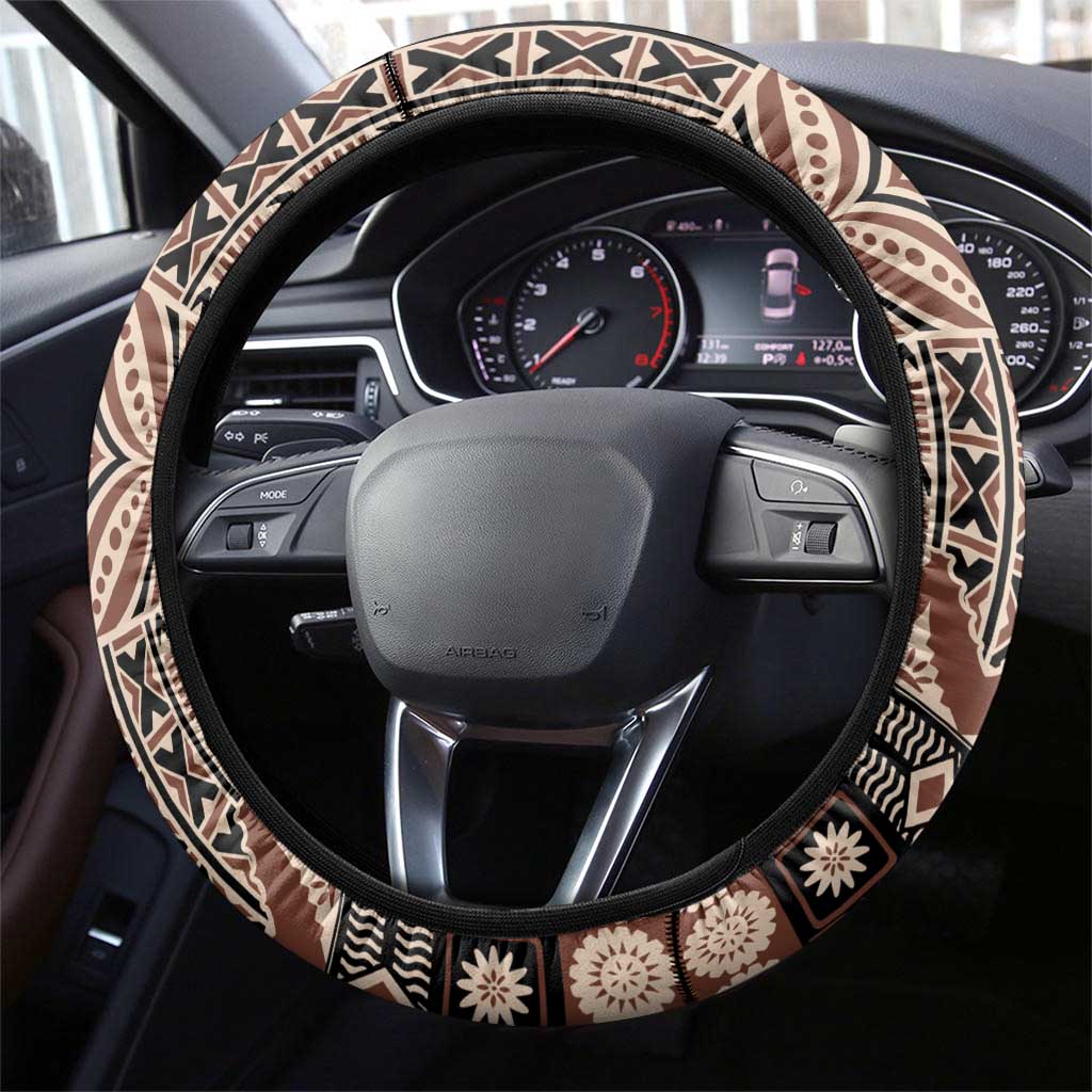 Vintage Bula Fiji Personalised Steering Wheel Cover Beige Hibiscus Tapa Pattern LT9 - Polynesian Pride