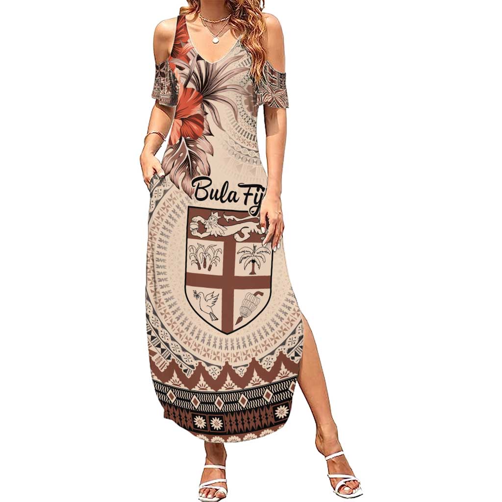 Vintage Bula Fiji Personalised Summer Maxi Dress Beige Hibiscus Tapa Pattern LT9 Women Beige - Polynesian Pride