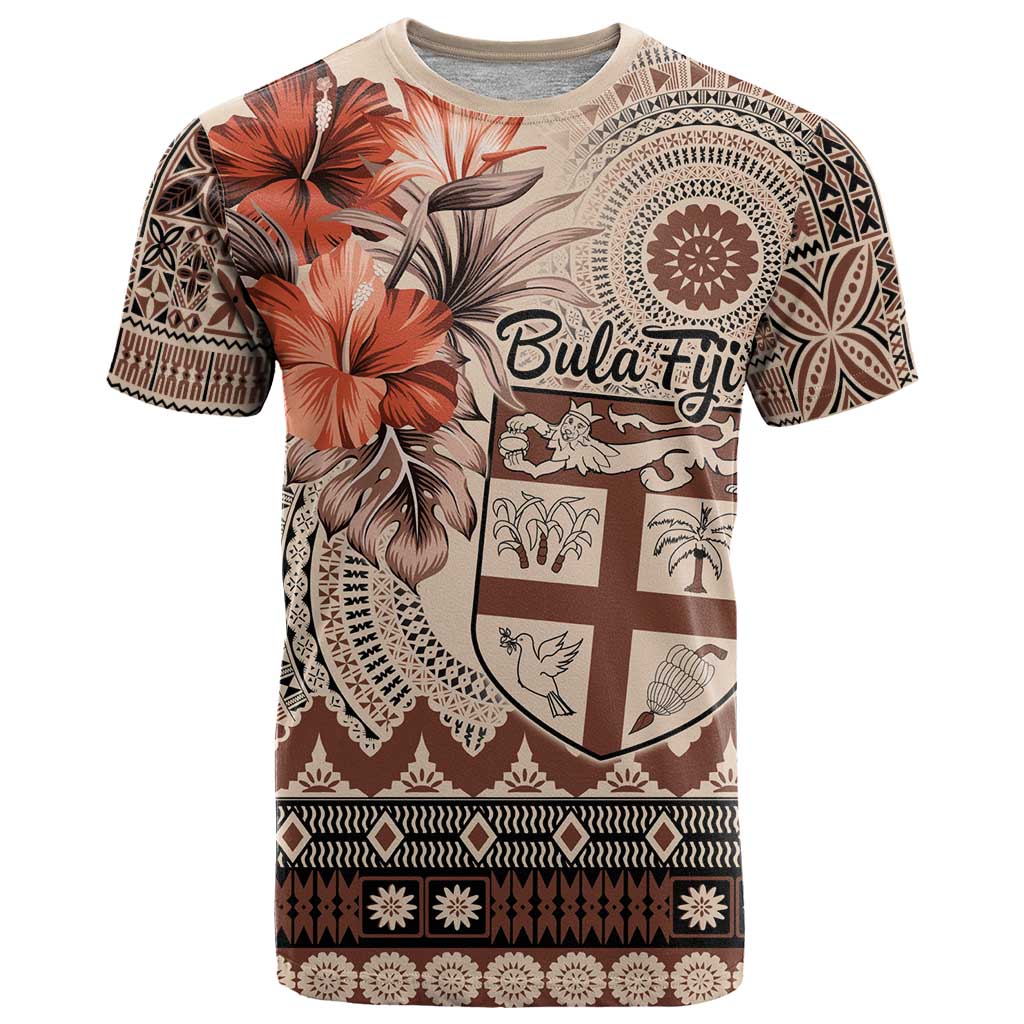 Vintage Bula Fiji Personalised T Shirt Beige Hibiscus Tapa Pattern LT9 Beige - Polynesian Pride