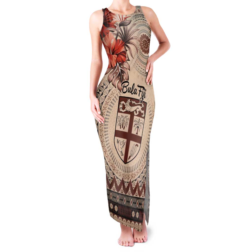 Vintage Bula Fiji Personalised Tank Maxi Dress Beige Hibiscus Tapa Pattern LT9 Women Beige - Polynesian Pride