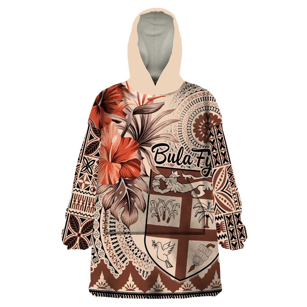 Vintage Bula Fiji Personalised Wearable Blanket Hoodie Beige Hibiscus Tapa Pattern LT9 One Size Beige - Polynesian Pride