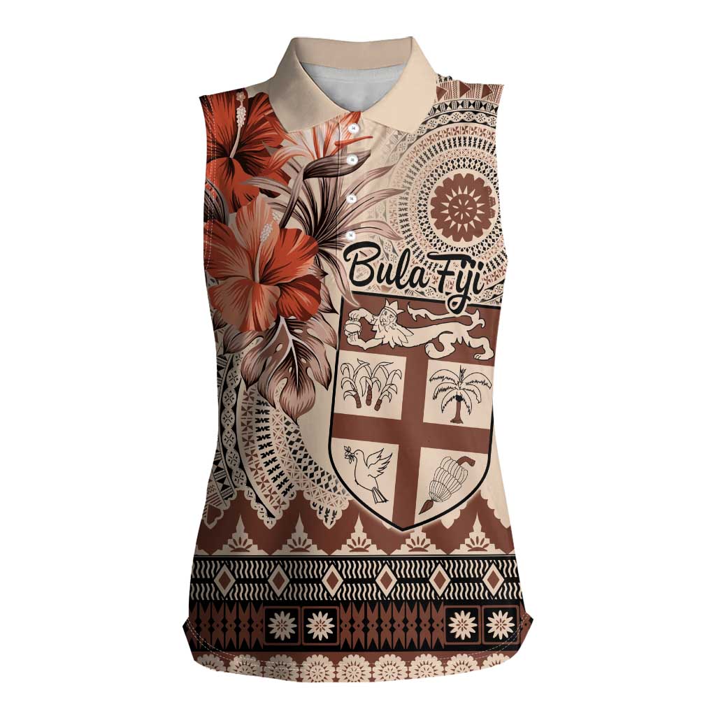 Vintage Bula Fiji Personalised Women Sleeveless Polo Shirt Beige Hibiscus Tapa Pattern